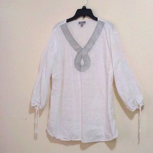 JM collection Women 100% Linen Top Blouse XL V-neck  3/4th sleeve length white